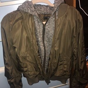 Olive green & grey hoodie puff utility jacket.